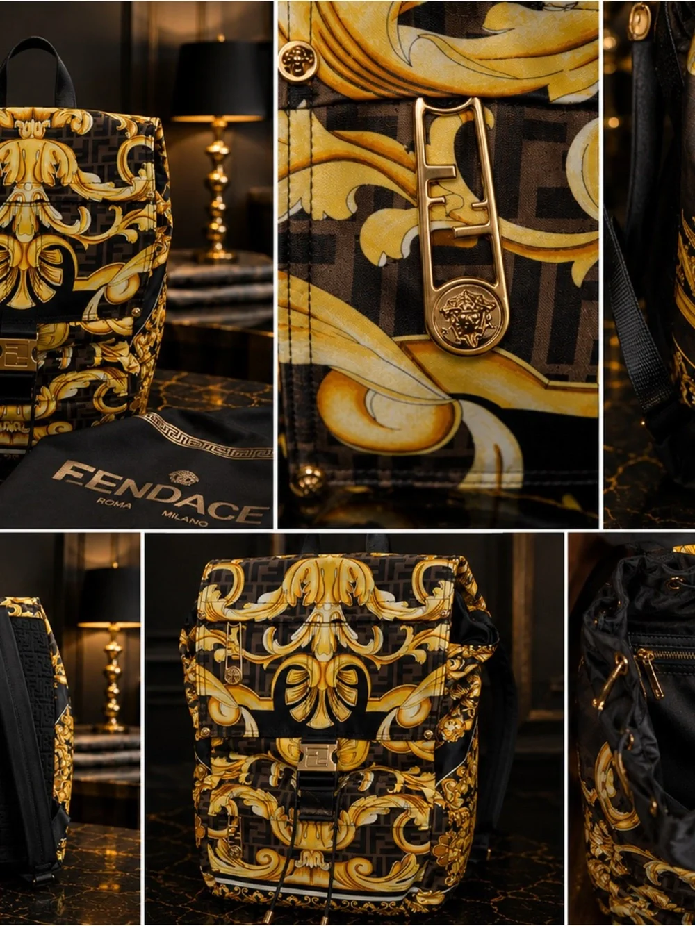 FENDACE Fendi x Versace Black & Gold Baroque Backpack New with COA and Dustbag